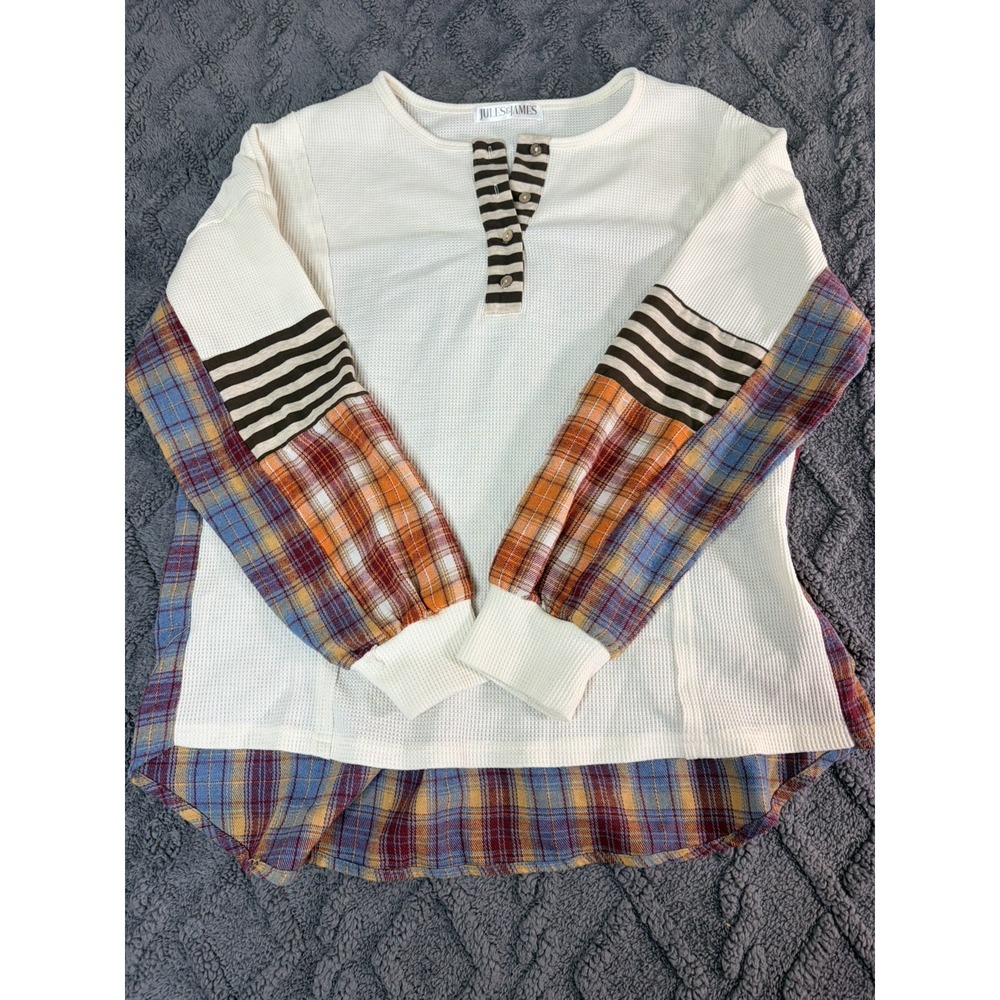 Women's M White Knit Pullover Sweater Plaid Contrast Long Sleeve Round Neck